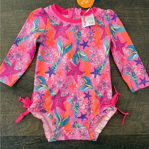 Ruffle Butts Bright Pink Starfish & Mermaid One-Piece Swimsuit